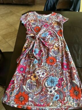 Talbots Paisley Floral Faux Wrap Dress - Red, Pink, Blue, Cream
